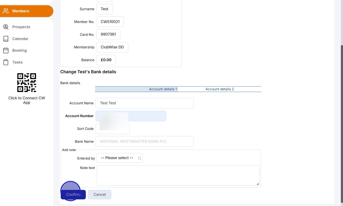 Update a members bank details with POS