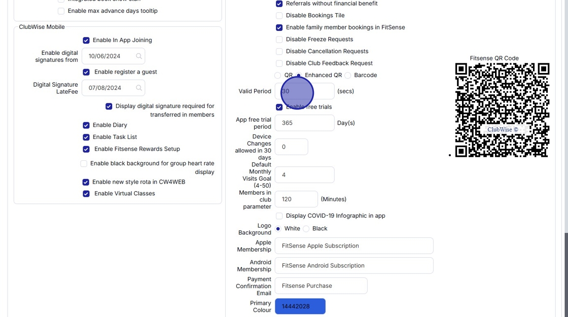 Options - How to increase the time in which the FitSense QR code shows