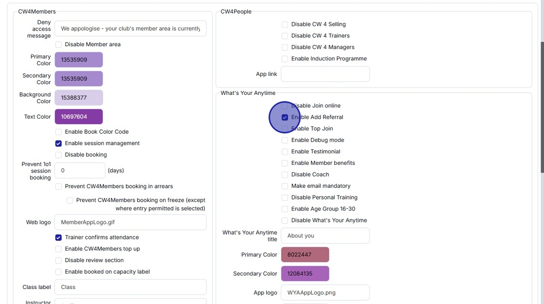 Options - EnableDisable Referrals in FitSense